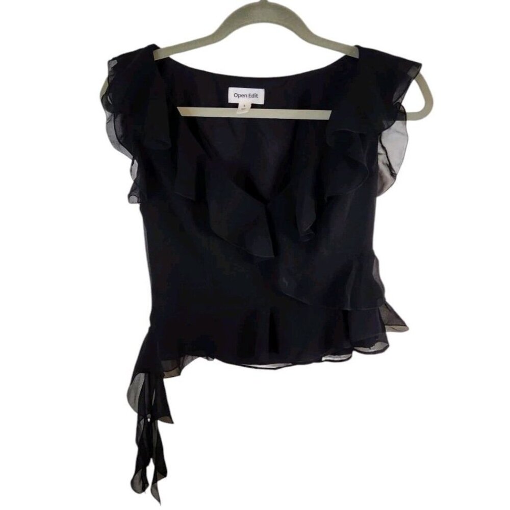 Open Edit Ruffle Sleeveless V-neck Crop Top Flowy Feminine Women's Size Small